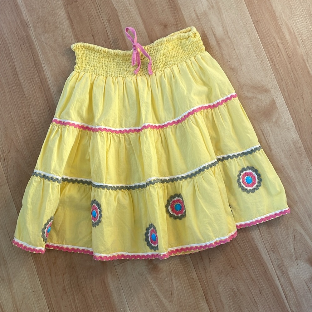 Mini Boden girls skirt yellow cotton summer party fun lined tiered ruffle